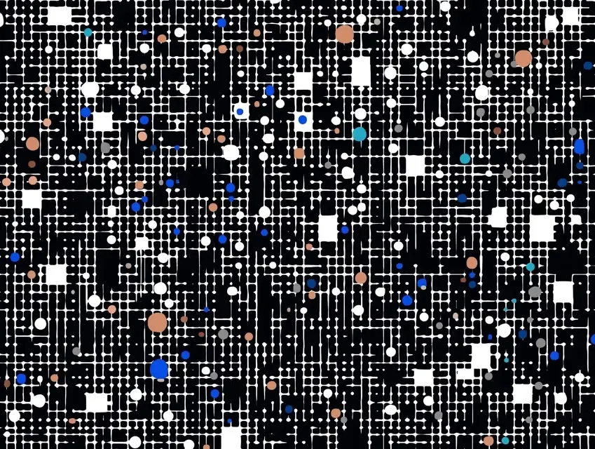Abstract grid of scattered dots and shapes