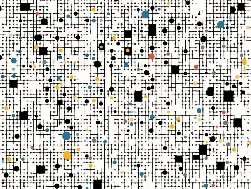 Abstract grid of scattered dots and shapes