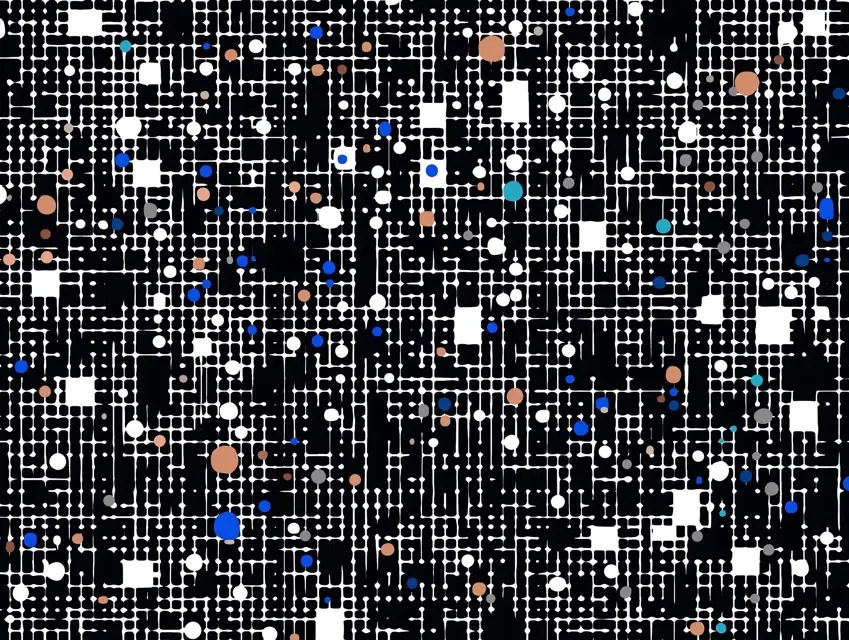 Abstract grid of scattered dots and shapes